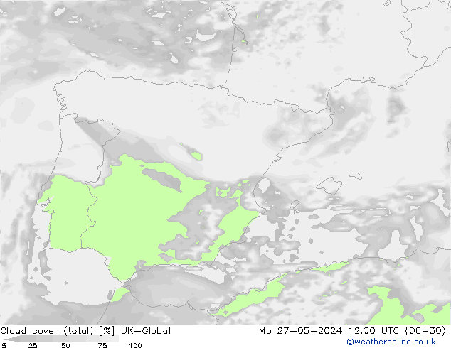 Cloud cover (total) UK-Global Po 27.05.2024 12 UTC