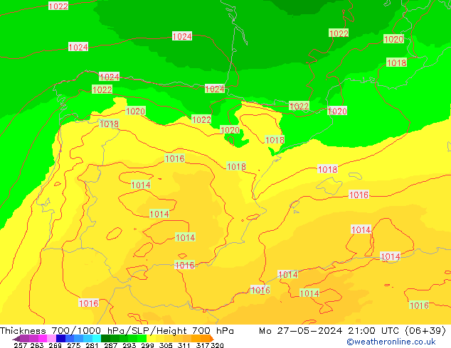 Dikte700-1000 hPa UK-Global ma 27.05.2024 21 UTC