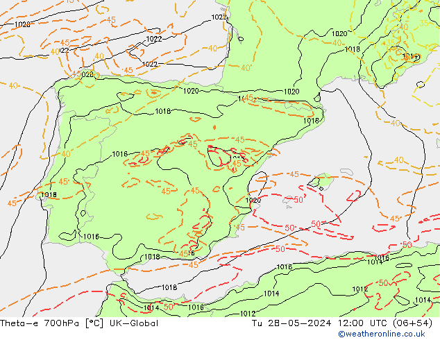 Theta-e 700hPa UK-Global Ter 28.05.2024 12 UTC