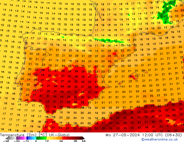 Temperaturkarte (2m) UK-Global Mo 27.05.2024 12 UTC