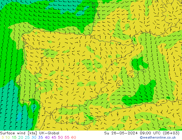 Surface wind UK-Global Su 26.05.2024 09 UTC