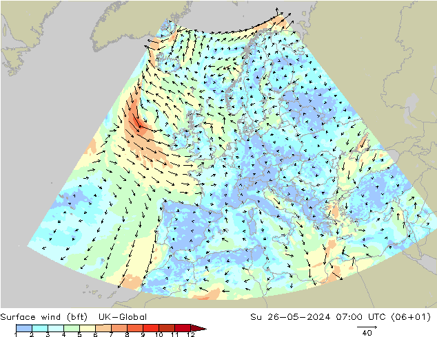 Viento 10 m (bft) UK-Global dom 26.05.2024 07 UTC