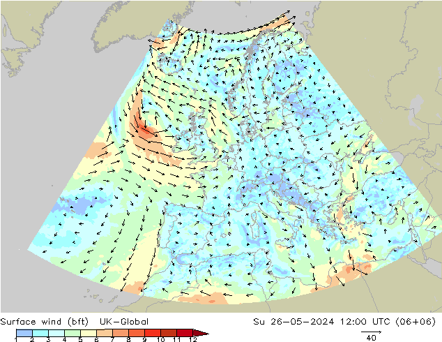 Surface wind (bft) UK-Global Su 26.05.2024 12 UTC