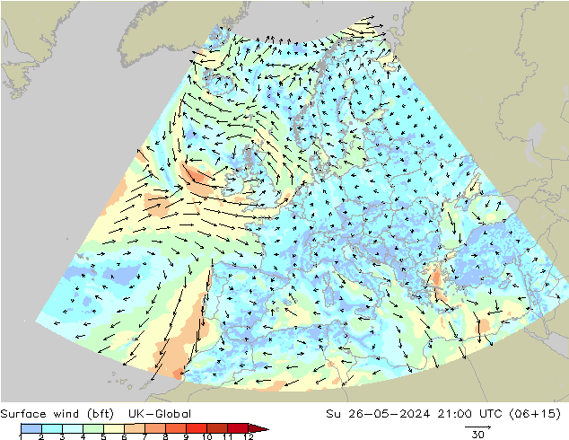 Surface wind (bft) UK-Global Su 26.05.2024 21 UTC