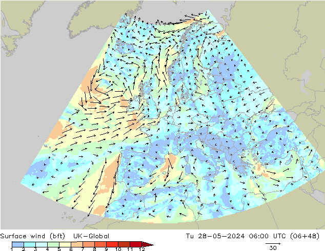 Surface wind (bft) UK-Global Tu 28.05.2024 06 UTC