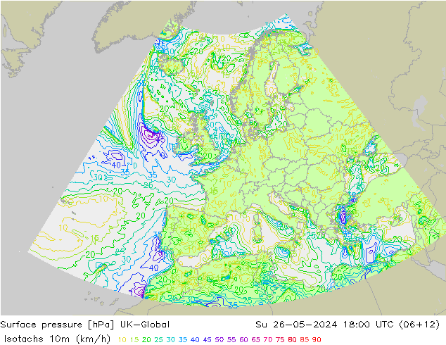 Isotachs (kph) UK-Global Su 26.05.2024 18 UTC