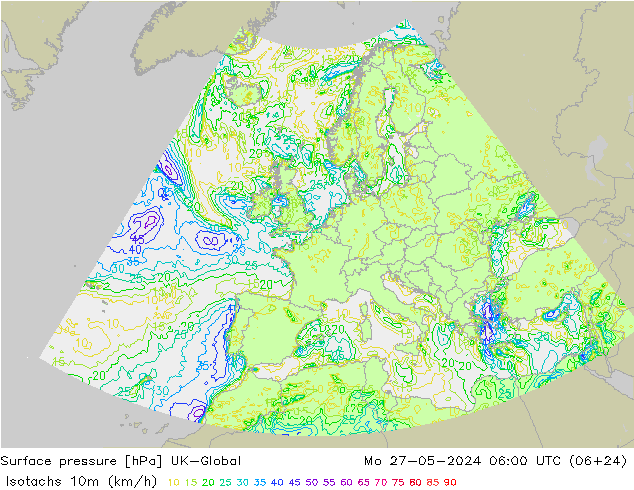 Isotachen (km/h) UK-Global Mo 27.05.2024 06 UTC