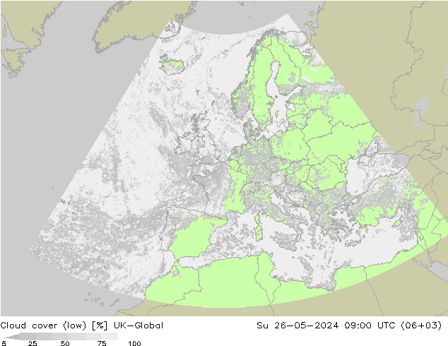 Cloud cover (low) UK-Global Su 26.05.2024 09 UTC