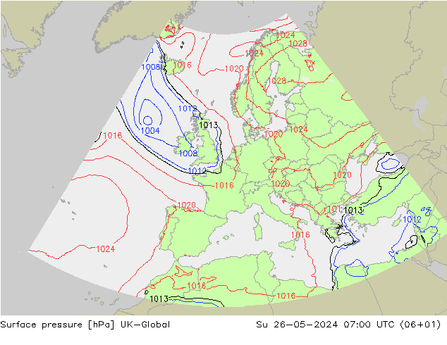 Surface pressure UK-Global Su 26.05.2024 07 UTC