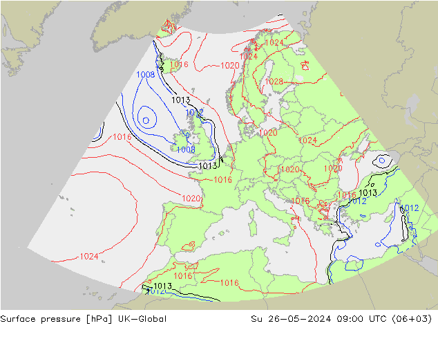 Atmosférický tlak UK-Global Ne 26.05.2024 09 UTC