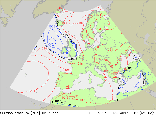 Pressione al suolo UK-Global dom 26.05.2024 09 UTC