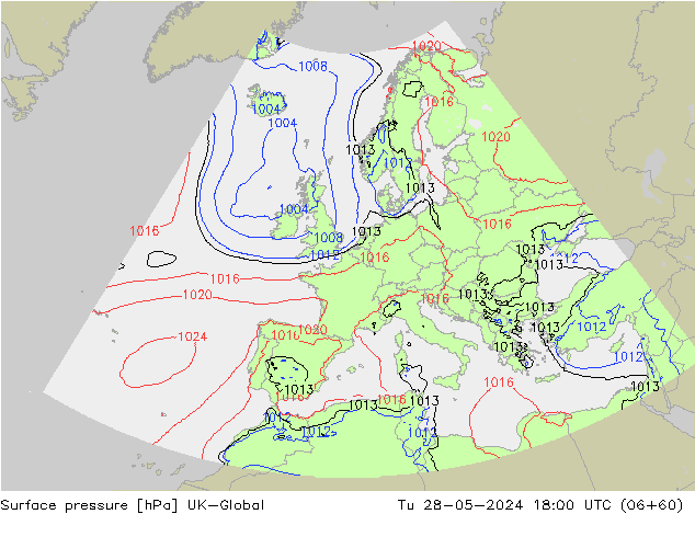 Surface pressure UK-Global Tu 28.05.2024 18 UTC