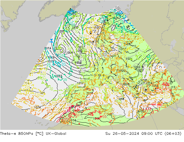 Theta-e 850hPa UK-Global dim 26.05.2024 09 UTC