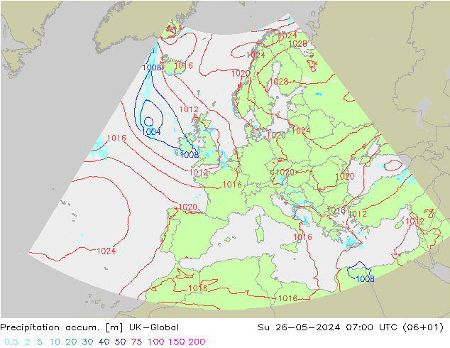 Précipitation accum. UK-Global dim 26.05.2024 07 UTC
