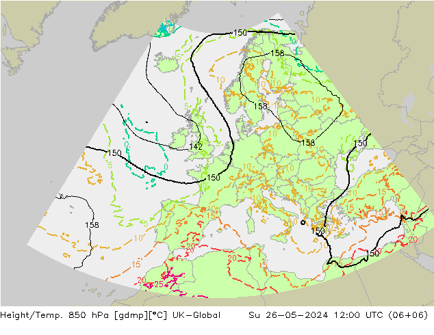 Height/Temp. 850 hPa UK-Global nie. 26.05.2024 12 UTC
