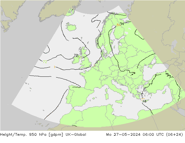Height/Temp. 950 hPa UK-Global Mo 27.05.2024 06 UTC