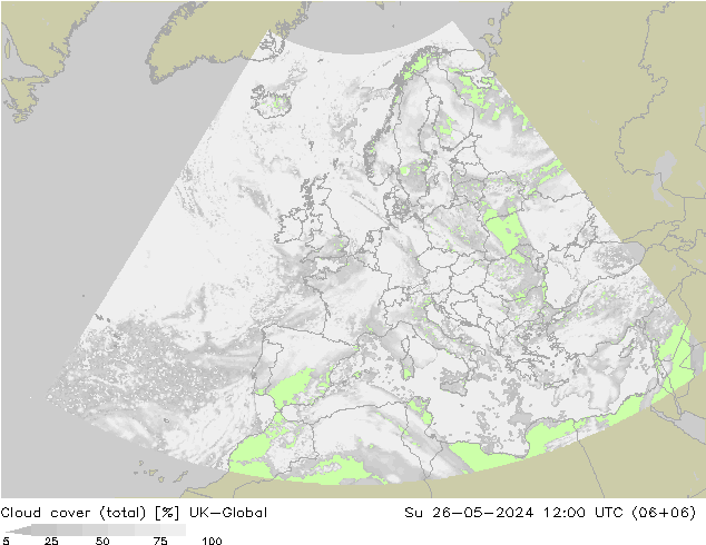 Cloud cover (total) UK-Global Su 26.05.2024 12 UTC