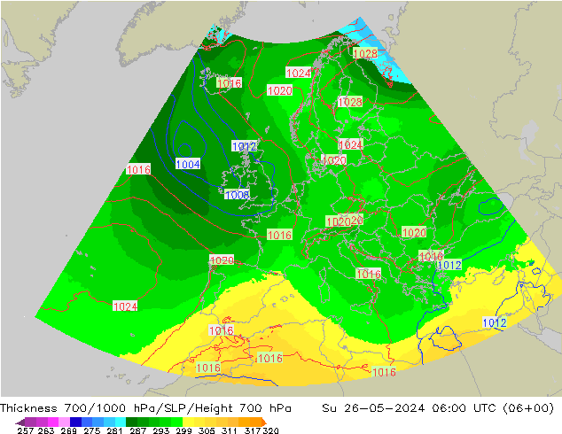 Thck 700-1000 гПа UK-Global Вс 26.05.2024 06 UTC