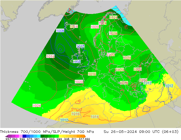 Thck 700-1000 hPa UK-Global dim 26.05.2024 09 UTC