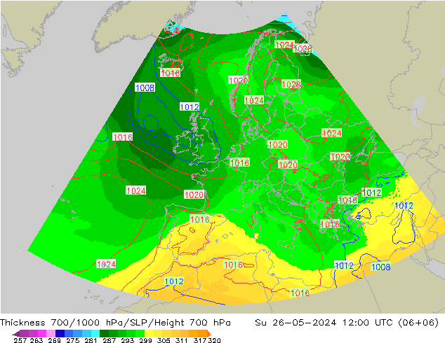 Thck 700-1000 гПа UK-Global Вс 26.05.2024 12 UTC