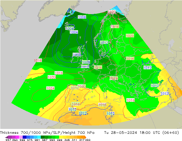 Thck 700-1000 гПа UK-Global вт 28.05.2024 18 UTC