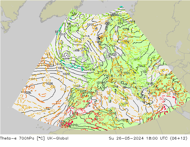 Theta-e 700hPa UK-Global Su 26.05.2024 18 UTC