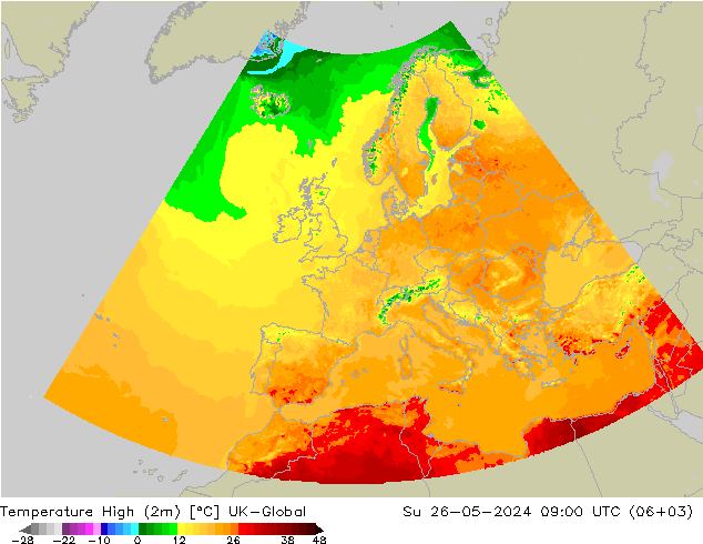 Temp. massima (2m) UK-Global dom 26.05.2024 09 UTC