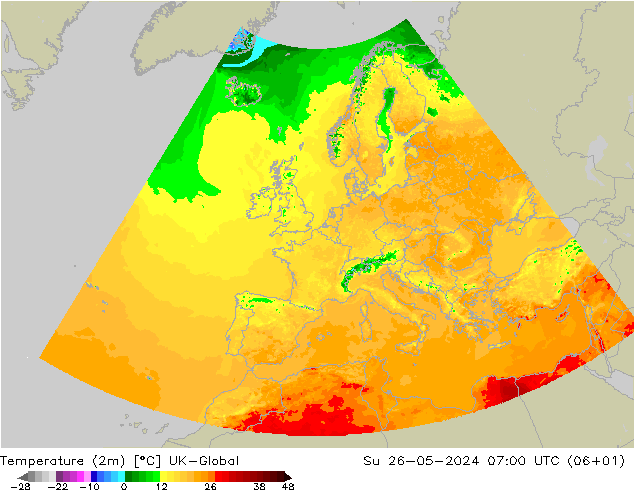 température (2m) UK-Global dim 26.05.2024 07 UTC