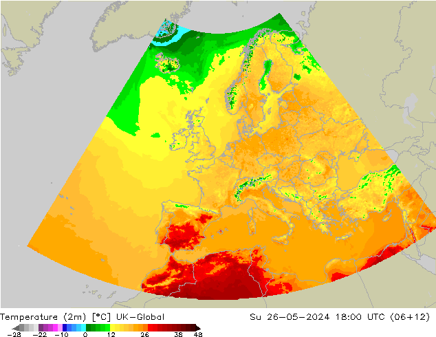 Temperature (2m) UK-Global Su 26.05.2024 18 UTC