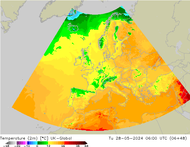 Temperatuurkaart (2m) UK-Global di 28.05.2024 06 UTC