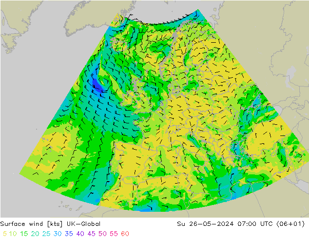 Surface wind UK-Global Su 26.05.2024 07 UTC