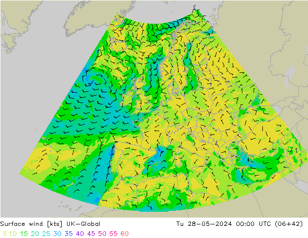 Surface wind UK-Global Út 28.05.2024 00 UTC