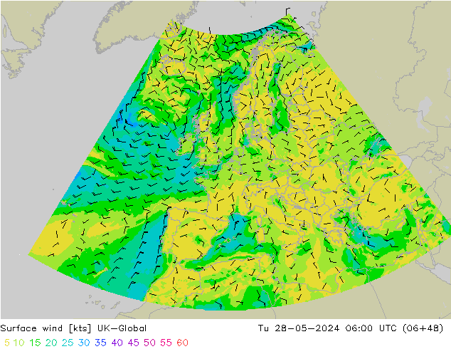 Surface wind UK-Global Tu 28.05.2024 06 UTC