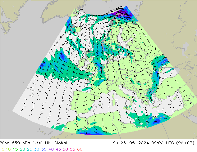 Wind 850 hPa UK-Global So 26.05.2024 09 UTC