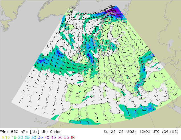 Vento 850 hPa UK-Global Dom 26.05.2024 12 UTC