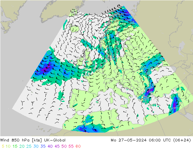 Vent 850 hPa UK-Global lun 27.05.2024 06 UTC