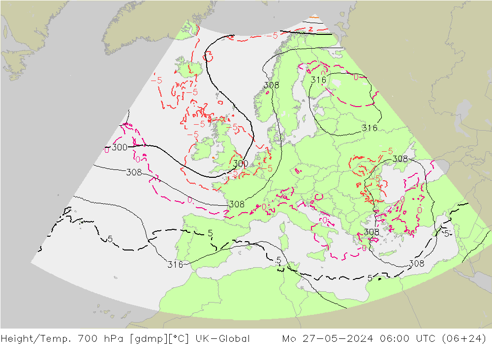 Geop./Temp. 700 hPa UK-Global lun 27.05.2024 06 UTC