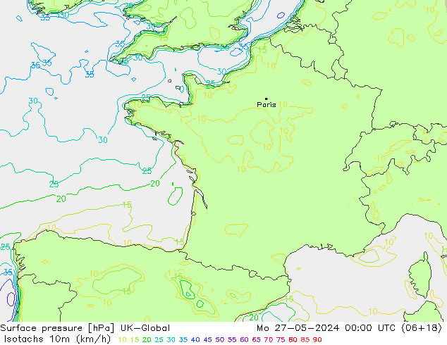 Isotachs (kph) UK-Global Po 27.05.2024 00 UTC