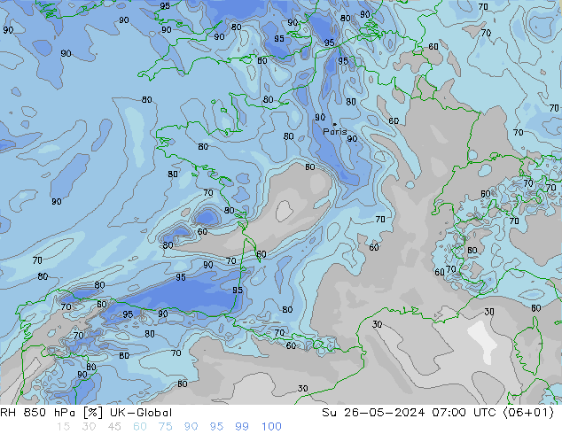 RH 850 hPa UK-Global Dom 26.05.2024 07 UTC