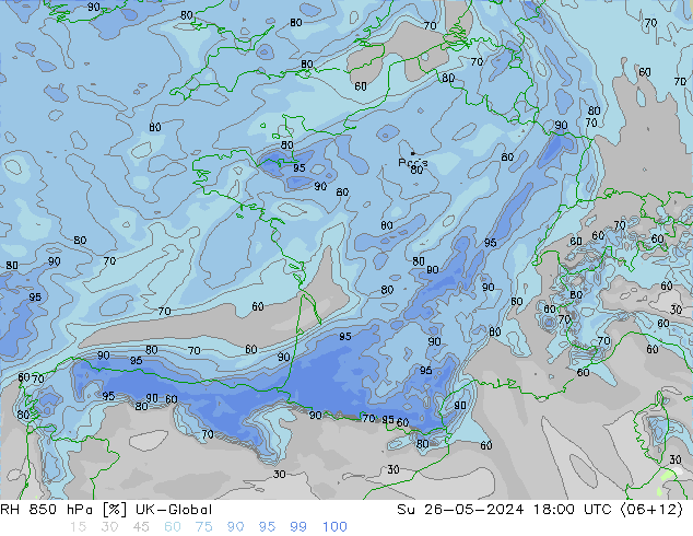 RH 850 гПа UK-Global Вс 26.05.2024 18 UTC