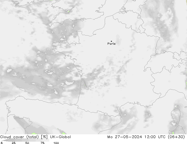 Cloud cover (total) UK-Global Mo 27.05.2024 12 UTC