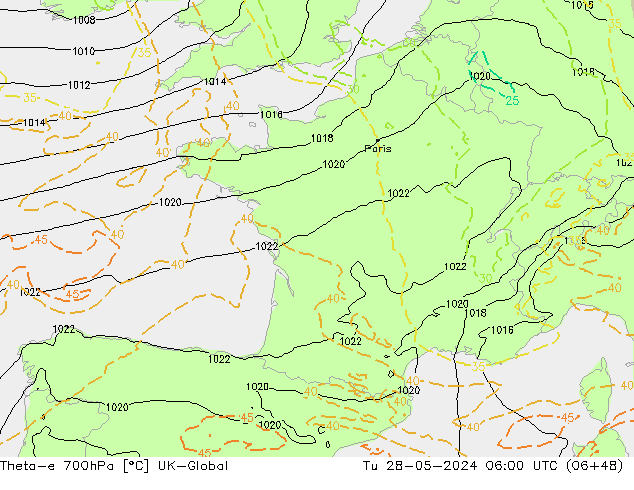 Theta-e 700hPa UK-Global  28.05.2024 06 UTC