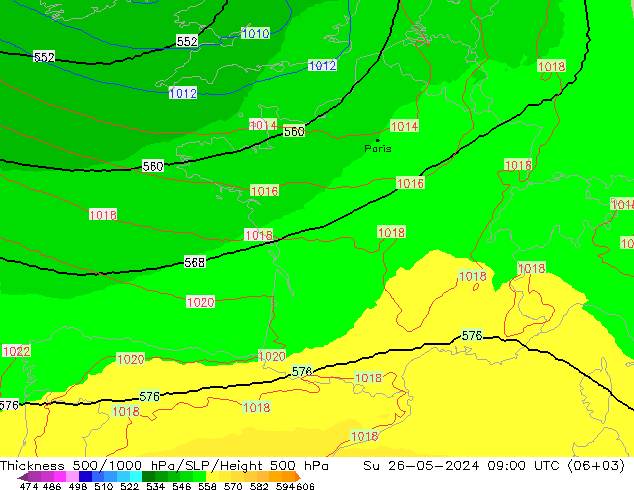 Thck 500-1000hPa UK-Global Su 26.05.2024 09 UTC