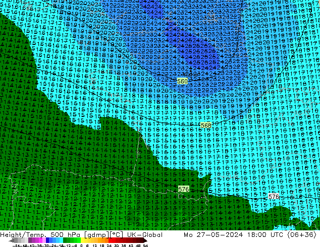 Height/Temp. 500 hPa UK-Global  27.05.2024 18 UTC