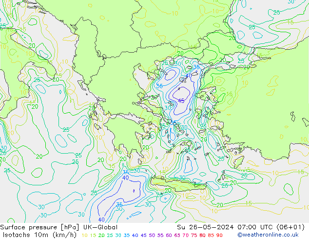 Isotachs (kph) UK-Global dom 26.05.2024 07 UTC