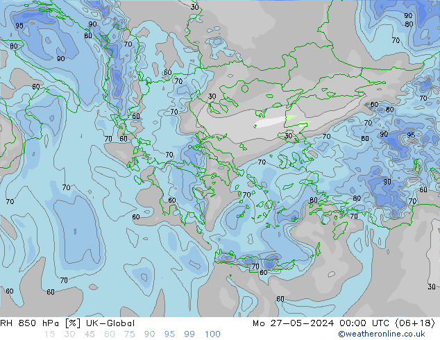 Humedad rel. 850hPa UK-Global lun 27.05.2024 00 UTC