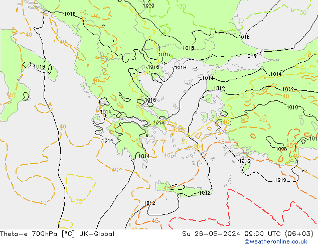 Theta-e 700hPa UK-Global nie. 26.05.2024 09 UTC