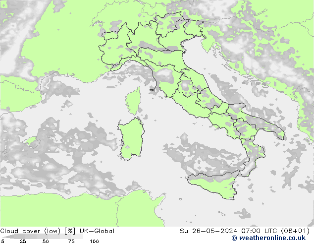 Cloud cover (low) UK-Global Su 26.05.2024 07 UTC