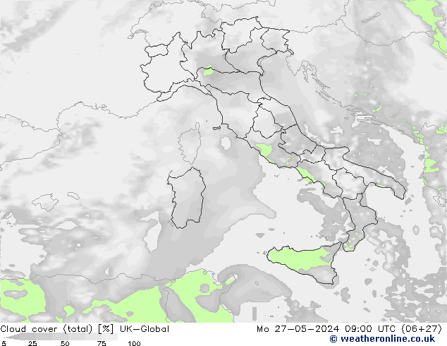 Cloud cover (total) UK-Global Mo 27.05.2024 09 UTC