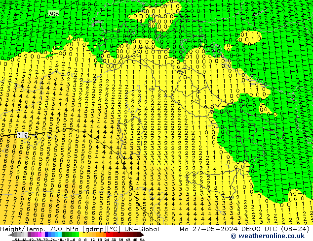 Height/Temp. 700 hPa UK-Global  27.05.2024 06 UTC